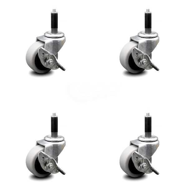 2 Inch Thermoplastic Wheel 7/8 Inch Expanding Stem Caster with Brakes, 4PK
